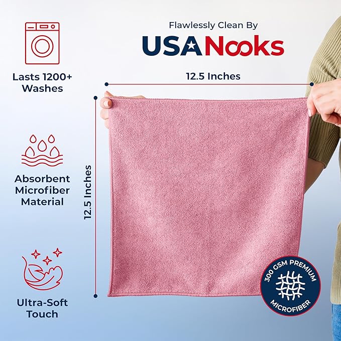 USANOOKS Premium 300GSM Microfiber Cleaning Cloth - 12.5"x12.5" High Performance - 1200 Washes, Ultra Absorbent Microfiber Towels for Cars Undercarriage, Rims & Engine Bay Cleaning - Microfiber Cloth