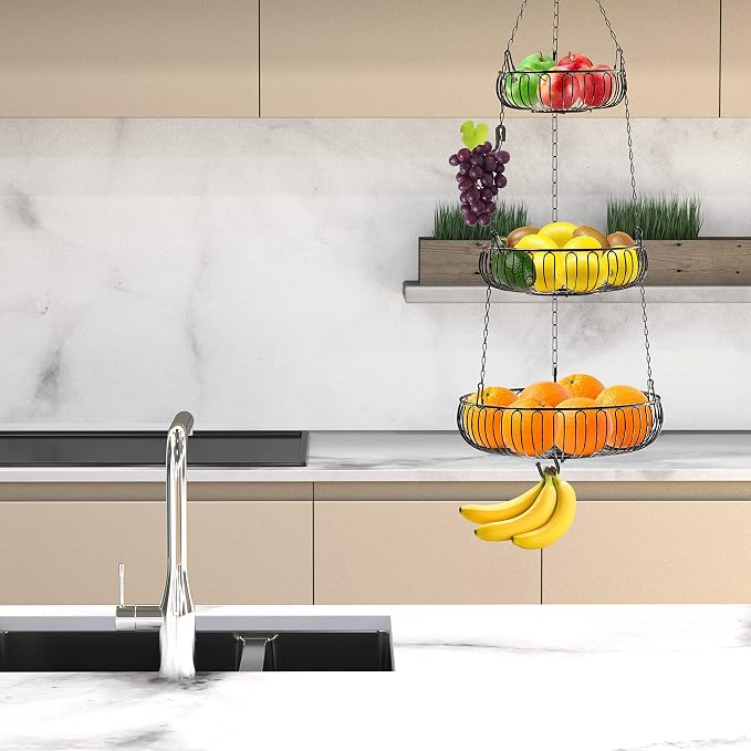 Simple Houseware Adjustable Metal Hanging Fruit Basket, Oblate, Black, 11" W x 11" L x 30" H | 11" W x 11" L x 30" H