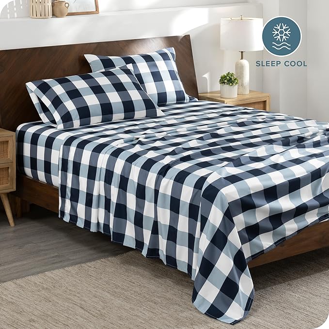 Bare Home Split Head Flex King Sheet Set - Luxury 1800 Ultra- Soft Double Brushed Microfiber - Deep Pockets - Easy Fit - 4 Piece Bedding Sheet Set (Split Head Flex King, Gingham Blue)