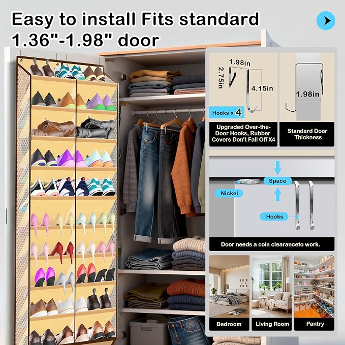 Kotkn 10-Tier Over the Door Shoe Organizer, 20 Pockets Holds 20-30 Pairs, Heavy-Duty Oxford Fabric with Hexagon Mesh for Boots & Sneakers, Beige