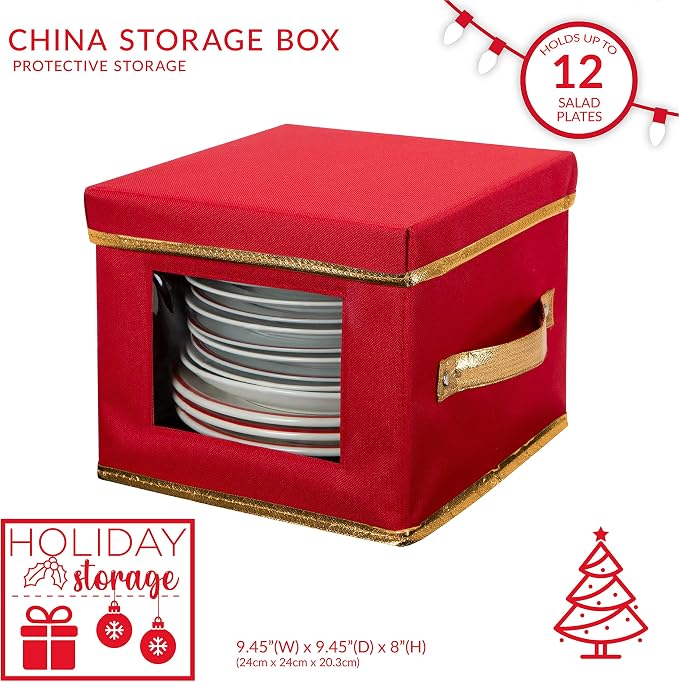 Simplify Holiday Salad Plate Dinnerware Storage Box | 9.45 Inch | Christmas China | 12 Felt Dividers | Tableware Setting | Red