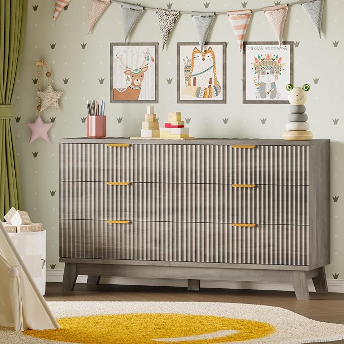 BORNOON Fluted 6 Drawer Dresser, 47.2" Wide Modern Boho Chest of Drawers, Wooden Storage Dresser TV Stand for Bedroom, Living Room, Closet, Hallway, Curved Profile Design