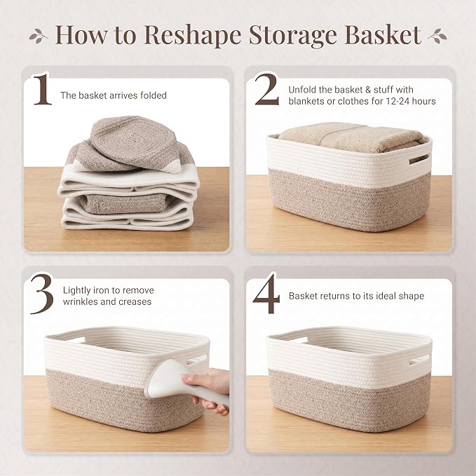 4-Pack Large Woven Rope Storage Baskets, 2 Sizes Organizer Bins | Fabric Cube Boxes and Rectangular Shallow Bins for Closet, Shelf, Bookshelf, Nursery, Changing Table, Bathroom, Toys & Home