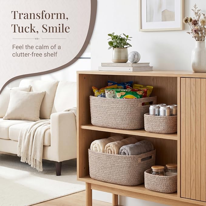 4-Pack Large Woven Rope Storage Baskets, 2 Sizes Organizer Bins | Fabric Cube Boxes and Rectangular Shallow Bins for Closet, Shelf, Bookshelf, Nursery, Changing Table, Bathroom, Toys & Home