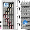 Over the Door Shoe Organizer, 2025 Upgrade 35 Large Pockets for Shoe Storage, Hanging Shoe Holder with Metal Hook, Clear Shoe Rack for Closet Bathroom Door Space Saving - Grey/Black