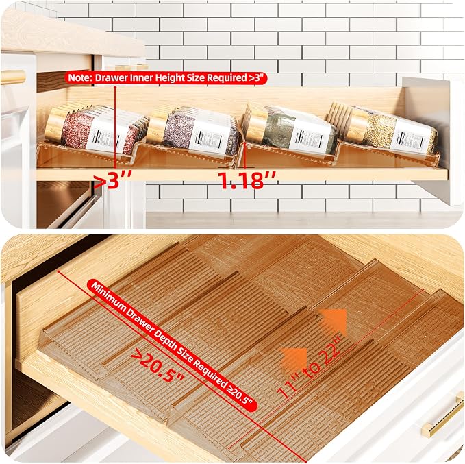 PanPanPal Spice Drawer Organizer, 2 Tier- 2 Pack Amber Acrylic Drawer Seasoning Organizer, Expandable From 11'' to 22'' Kitchen Spice Rack Organizers and Storage for Drawer (Jars not included)