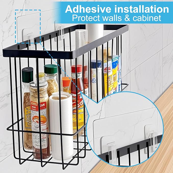 Kitchen Cabinet Door Organizer 3 pack, Lid Organizers Inside Cabinet with 2 Sponges, Foil and Plastic Wrap Organizer with 4 Hooks, for Aluminum Foil, Plastic Wrap, Black, (Small, Medium, Large)