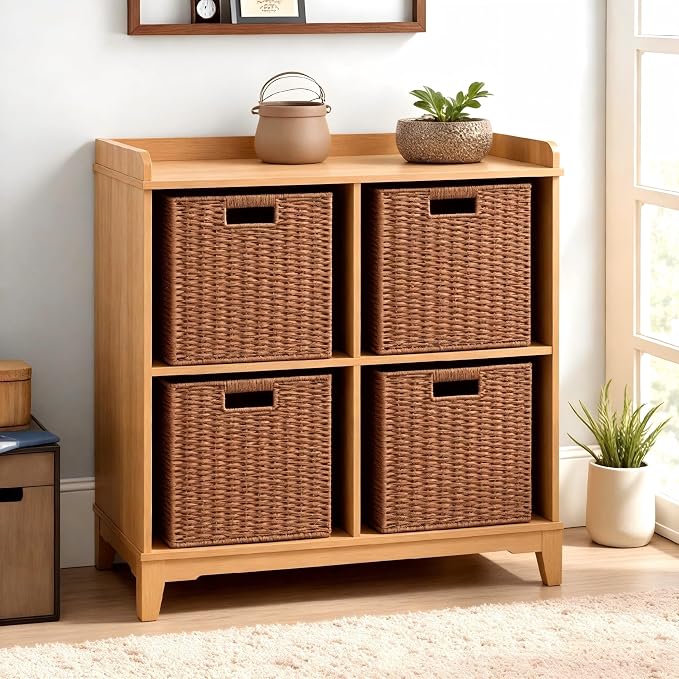 UBBCARE 3 Pack Wicker Basket, 11L×11H×10.5W inch Woven Paper Rope Storage Baskets for Shelves, Foldable Cube Storage bin with Handle, Storage Basket for Organizing & Decor,Caramel