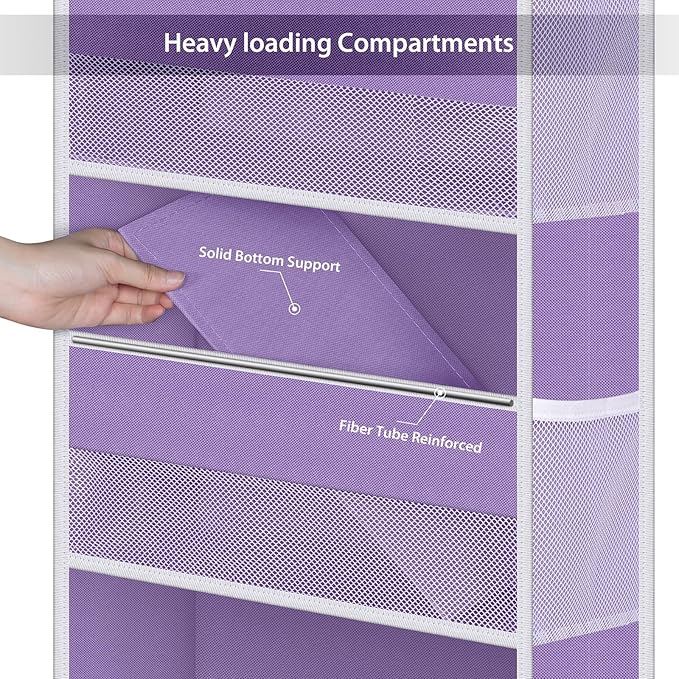 Univivi Over The Door Hanging Organizer with 6 Large Compartments and Mesh Windows, Over The Door Baby Clothes Organizer for Cosmetics, Baby Essentials and Diapers (Purple)