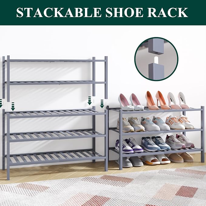 Smiry Bamboo Shoe Rack for Closet, 4 Tier Wooden Shoe Organizer, Stackable Wood Shoe Storage Shelf for Entryway, 14 Vertical Slats, 2+2 Stack Heavy-Duty Legs, 26.77"x11.02"x25.98", Grey