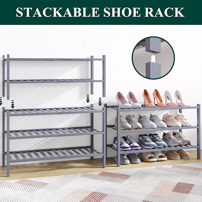 Smiry Bamboo Shoe Rack for Closet, 3 Tier Wooden Shoe Organizer, Stackable Wood Shoe Storage Shelf for Entryway, 14 Vertical Slats, One-piece Heavy-Duty Legs, 26.77"x11.02"x18.31", Grey