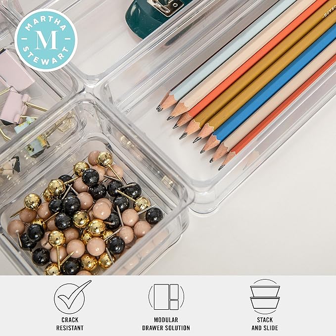 Martha Stewart Miles Plastic Stackable Office Desk Drawer Organizers, Set of 6, Clear