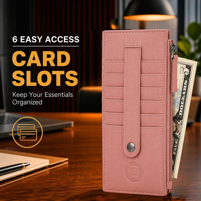 Leatherboss Genuine Leather All in One Card Case Holder Slim Wallet With a Card Protection Strap, Peach