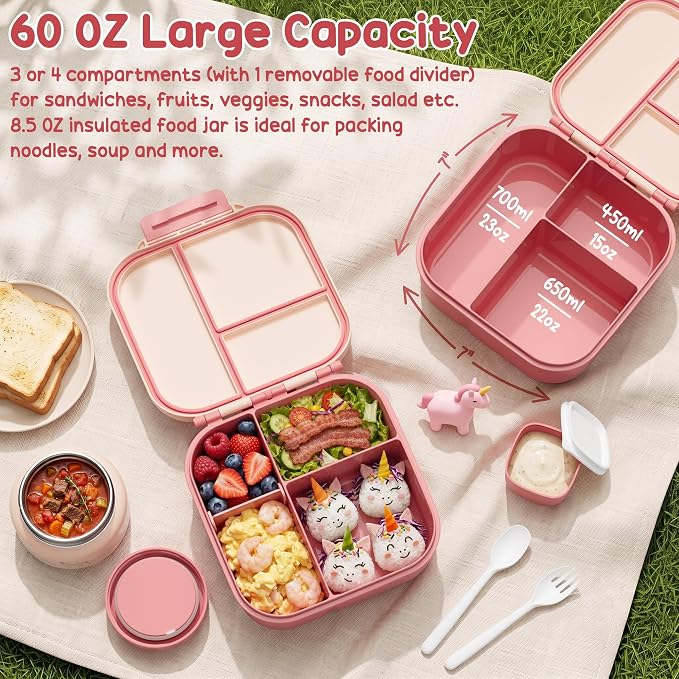 Fimibuke Kids Bento Lunch Box w/ 8.5oz Thermo Food Jar, Insulated Lunch Bag | Leak Proof 3-4 Compartments 60oz Toddler Lunch Food Container with Utensils, Sauce Cup for School Boys Girls, Dishwasher Safe
