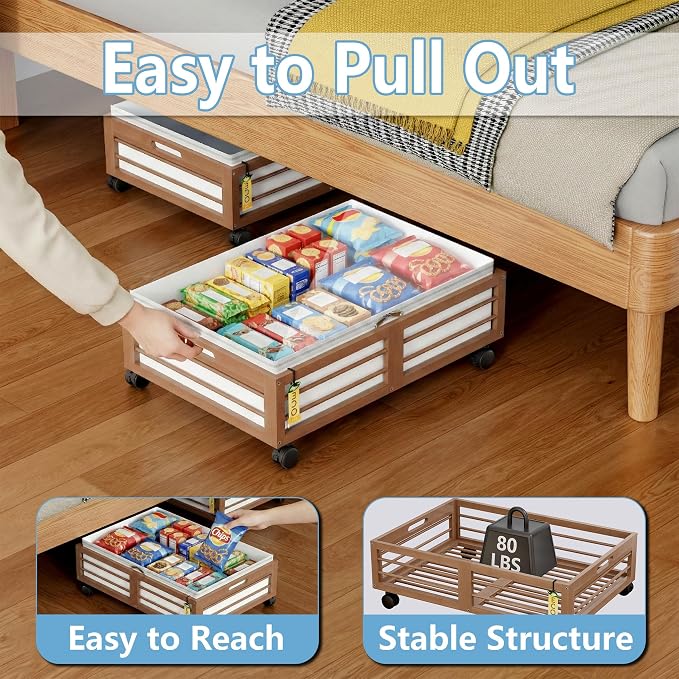 Under Bed Storage Containers with Wheels, Larger Bamboo Wood Under Furniture Storage Containers with Dust Bags，Rolling for Shoes Clothes