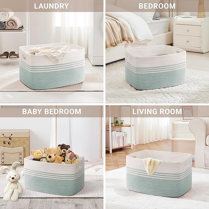 86L Large Woven Laundry Basket Hamper with Handles, Green | 24"x16"x14", collapsible wicker hamper, storage for dirty clothes, toys, blankets, gifts, living room, bedroom, bathroom