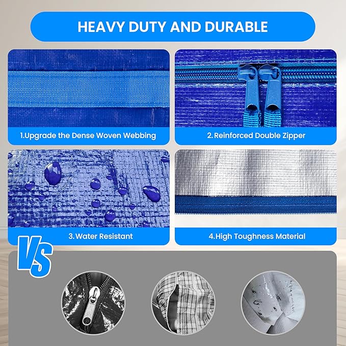 Simple Deluxe 12 Pack Extra Large Moving Bags with Backpack Straps, Strong Handles/Zippers, Heavy Duty Storage Tote for Moving Travel Camping Space Saving, Blue