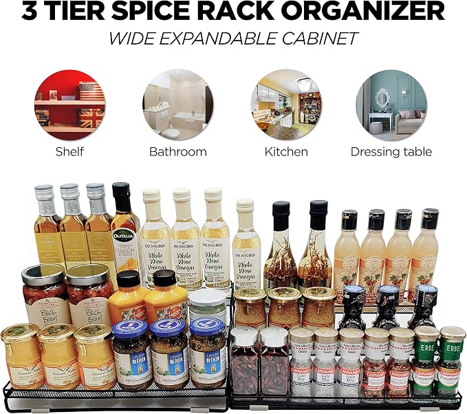 3 Tier Wide Expandable Cabinet Spice Rack Organizer (14.5" to 29.1") - Step Shelf with Protection Railing, Black,Copper (Comfort & Wide)