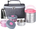 Lille Home Stainless Steel Thermal Lunch Box Set with Lunch Bag and Cultery | 22 Oz Vacuum Insulated Lunch Bento Box, to Keep Food Warm/Cool, 2 Small Food Container for Snack, Fruits and Sauces (Pink)