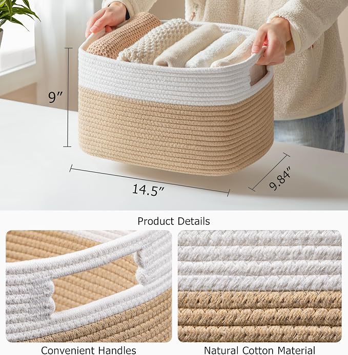 4 Pack Storage Baskets for Organizing, Shelf Baskets with Handles, White&Brown