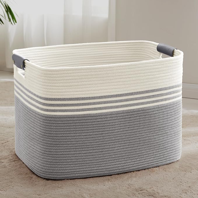 100L Large Woven Laundry Basket Hamper with Leather Handles,Grey | 24"x16"x16", collapsible wicker hamper, storage for dirty clothes, toys, blankets, gifts, living room, bedroom, bathroom