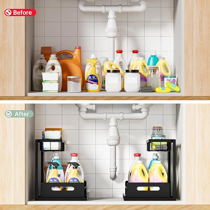 VUSIGN Under Kitchen Sink Organizer 2 Tier, Pull Out Bathroom Sink Organizers and Storage, Cabinet Kitchen Bathroom Storage Organization Shelf, 2 Pack Black