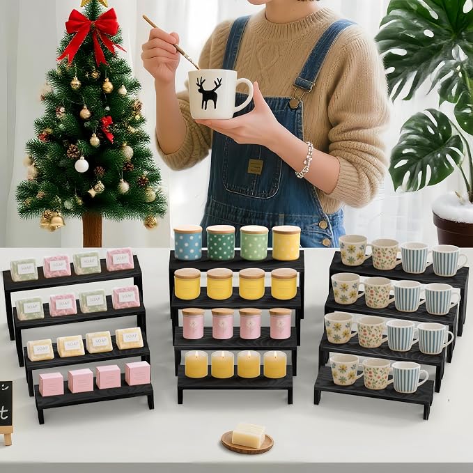 Large 2 Set wood tone Wooden Tiered Display Stands 4 Tier Stackable Pine Wood Display Risers, Suitable for Vendor Events, Cupcake Stands, cake stand Wooden Dessert Table Sets, Vendor Booth Displays,Cosmetic & Perfume Display Tools, Kitchen Spice Storag...