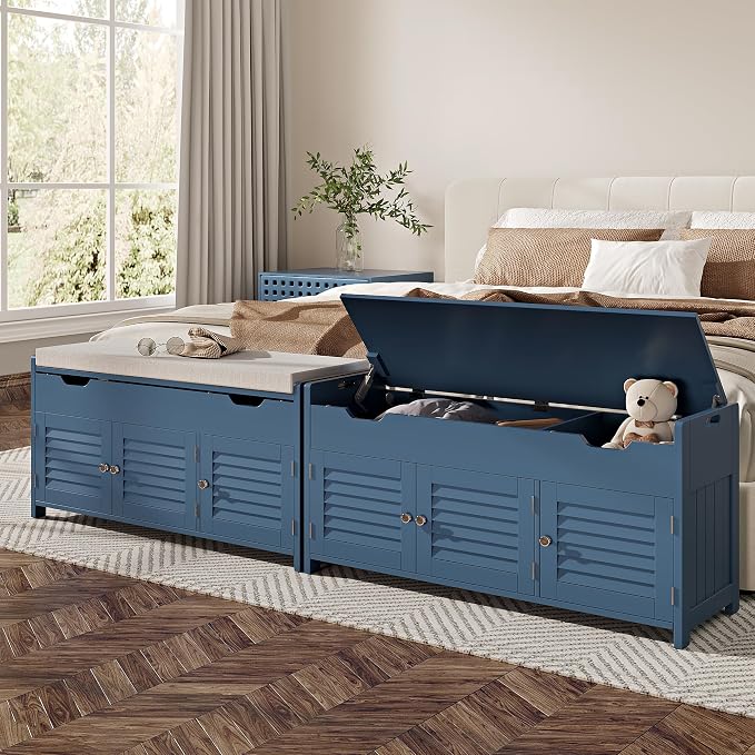 ChooChoo Shoe Storage Bench with Lift Top Storage & Cushioned Seats | 41.3" Entryway Bench with 3 Compartments & Adjustable Shelf, for Entryway, Blue