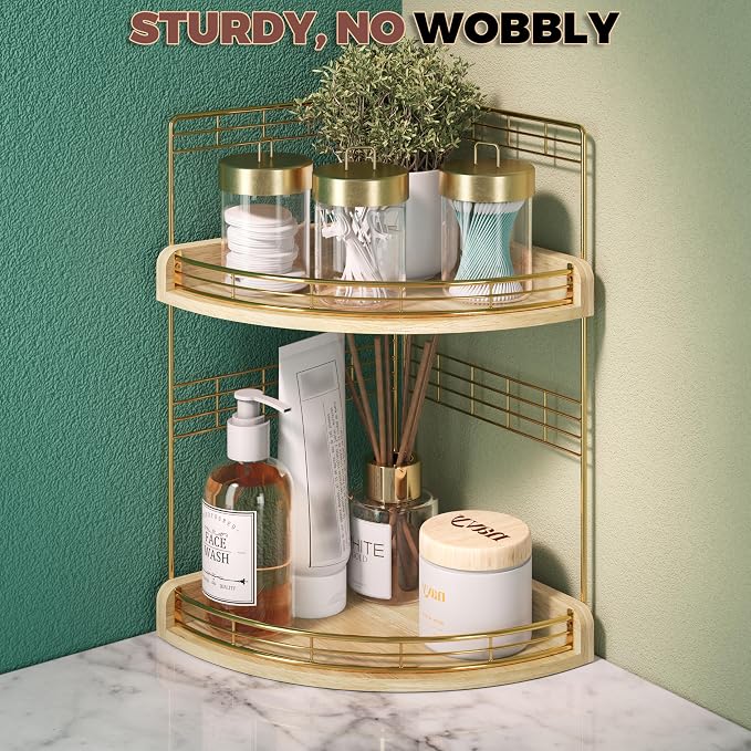 Bathroom Countertop Corner Organizer for Small Spaces, 2-Tier Counter Shelf | Oak Wood & Iron Counter Shelf for Sink & Vanity Corners, Skincare, Toiletries, Space-Saving, Compact Vertical Storage Natural