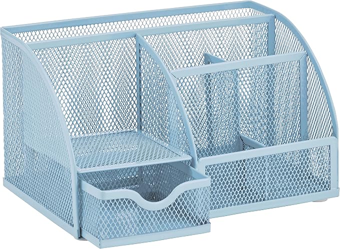 Annova Mesh Desk Organizer Office with 7 Compartments + Drawer/Desk Tidy Candy/Pen Holder/Multifunctional Organizer (New Blue23)