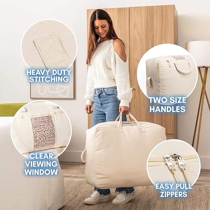 Soft Canvas Storage Bags with Zipper. Thick Breathable, 1pc King/Queen Comforter Organizer. Four Carrying Handles and Window. Large 25x19x9in Bag for Sheets Blankets Bedding Pillows, Clothes (Grey)