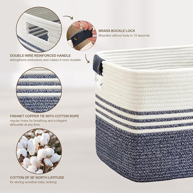 86L Woven Laundry Basket Hamper with Leather Handles,Denim Blue | 24"x16"x14", collapsible wicker hamper, storage for dirty clothes, toys, blankets, gifts, living room, bedroom, bathroom