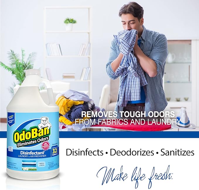 OdoBan Ready-to-Use Disinfectant and Harsh Aroma Eliminator, Set of 2, 14.6 Ounce 360-Degree Continuous Spray Fabric/Air Freshener and 1 Gallon Multi-Purpose Cleaning Concentrate, Fresh Linen Scent