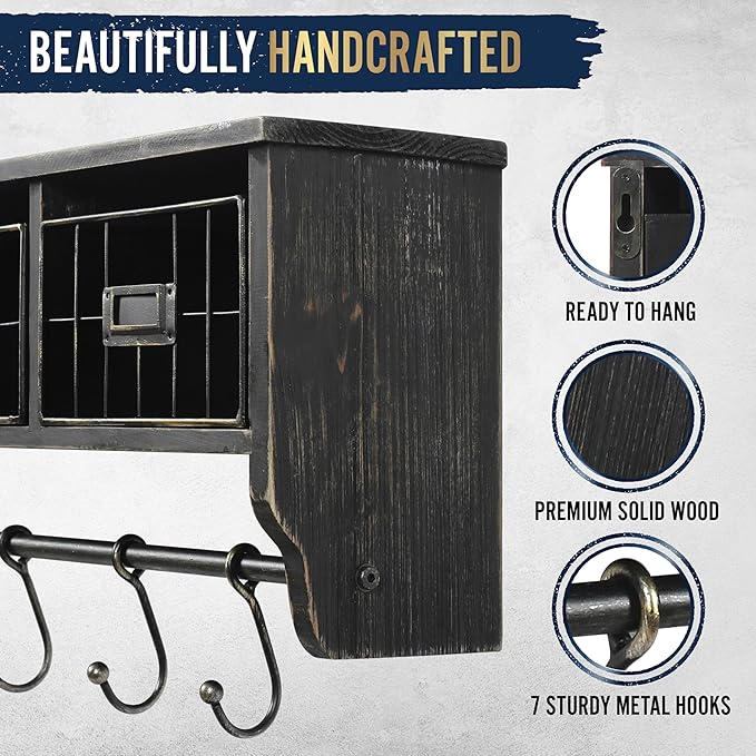 BizChair Wall Mounted Storage Rack - Blackwashed Solid Pine Wood - 24 Inch - Upper Shelf - 5 Hooks - Wire Baskets - For Entryway, Kitchen, Bathroom