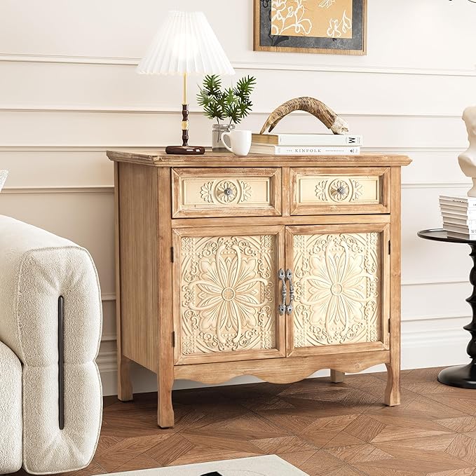 RoyalCraft Vintage Sideboard Buffet, Accent Cabinet with 2 Carved Doors and 2 Drawers, French Country Cabinets for Dining Room, Kitchen, Living Room, Hallway (Natural2, 16''D x 30''W x 30''H)