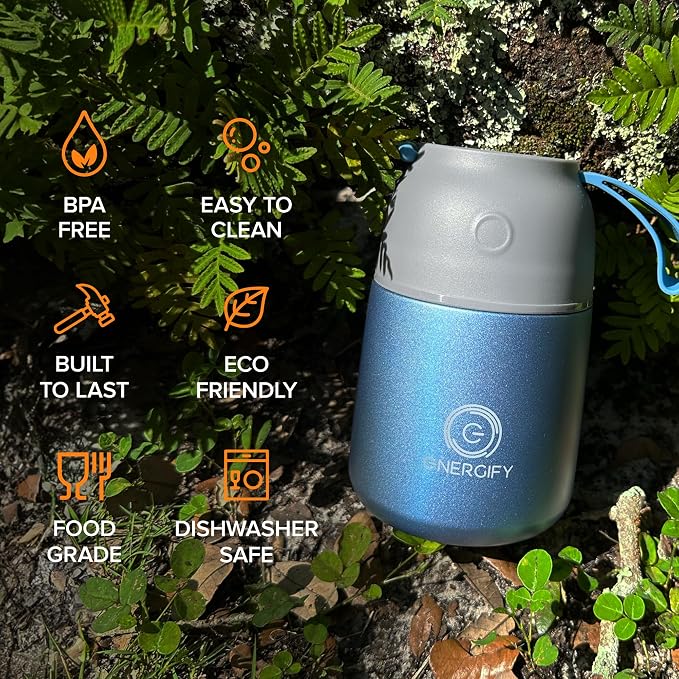 Vacuum Insulated Food Jar. Large 17oz Bowl incl. Folding Spoon, Cup. Wide Mouth Keep Hot & Cold Drinks Soup Lunch Container for Adults. BPA-Free Stainless Steel, Leak Proof Shiny Blue