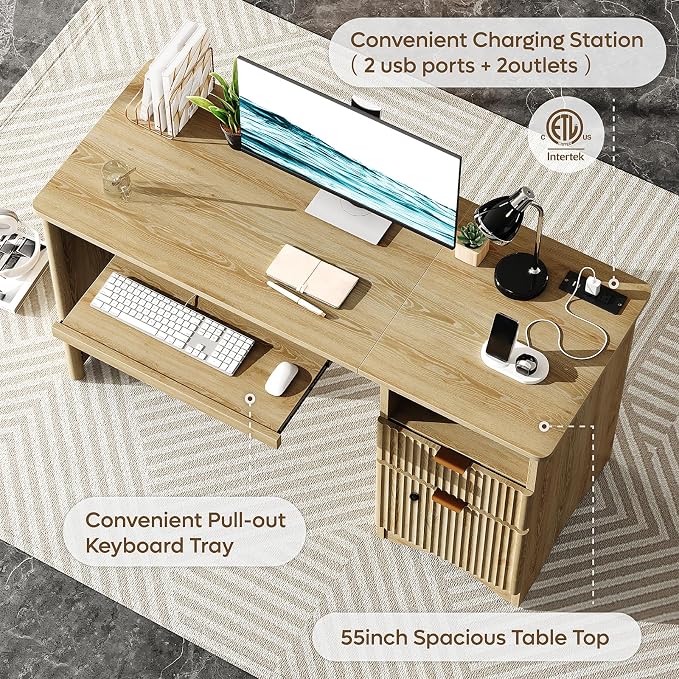 Bestier 55" Desk with Fingerprint Lock & Charging, Keyboard Tray, Oak | Partitioned Storage & Cable Management,Oak,Easy Assembly,Fingerprint Drawer Lock,Wear-Resistant Easy-Clean Desktop & Drawers