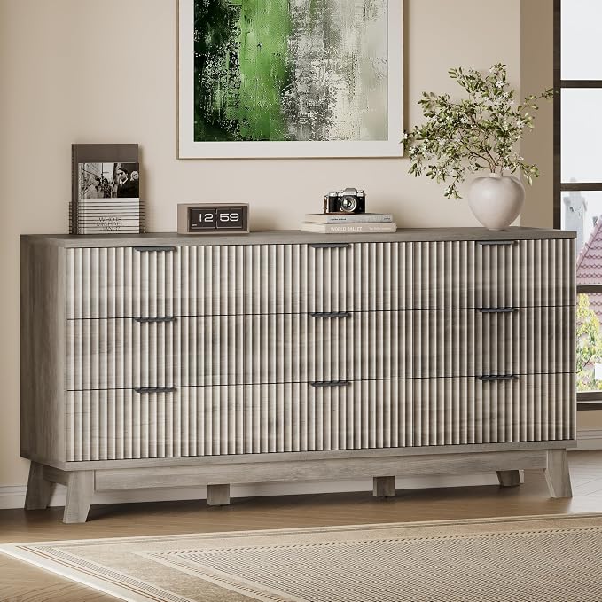 BORNOON 63" Long Dresser for Bedroom, 9-Drawer Fluted Dresser, Extra-Wide Wood Chest of Drawers with Smooth Metal Slides, Stable Base, Modern Clothes Storage Cabinet for Living Room, Hallway, Nursery