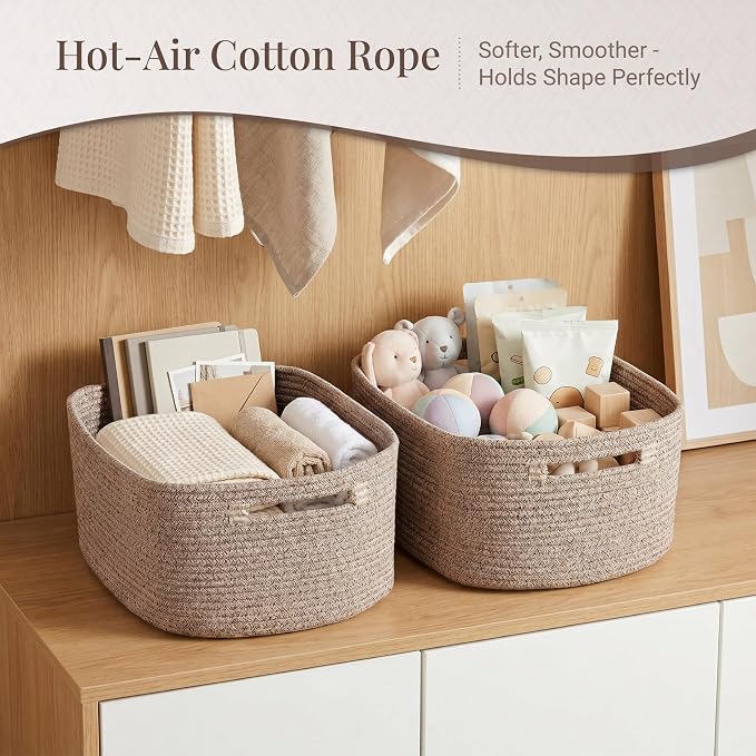 4-Pack Large Woven Rope Storage Baskets, 2 Sizes Organizer Bins | Fabric Cube Boxes and Rectangular Shallow Bins for Closet, Shelf, Bookshelf, Nursery, Changing Table, Bathroom, Toys & Home