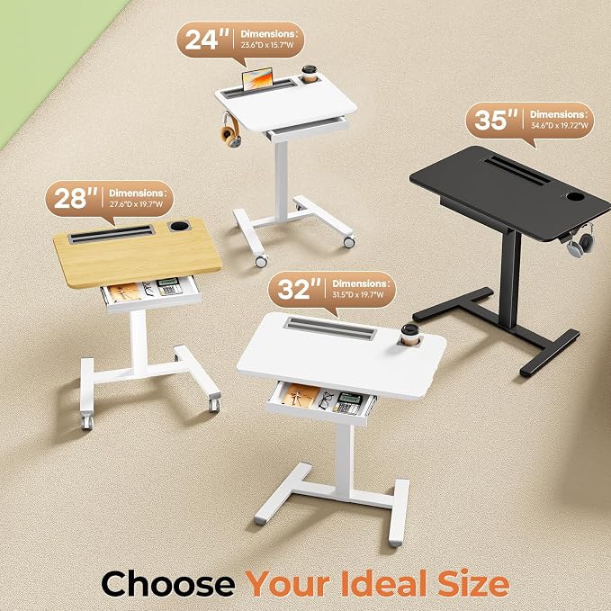 28" Mobile Standing Desk with Drawer, Portable Laptop Desk | Rolling Desk with Cup Holder & Hooks, Height Adjustable Computer Cart on Wheels for Classroom, Study Desk with Storage, Maple