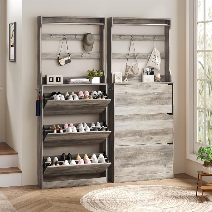 Wodeer Tall Shoe Cabinet with Coat Rack, Hidden Shoe Storage Cabinet with Doors & Drawer, Hanging Bar & Hooks, Slim Narrow Freestanding Shoe Rack Organizer for Entryway, Hallway & Living Room, Grey