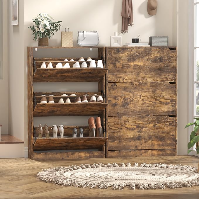 Wodeer Narrow Shoe Cabinet for Entryway, Slim Shoe Storage Cabinet with 3 Flip Drawers, Hidden Wood Shoe Cabinet Storage, Freestanding Shoe Rack Organizer Foyer, Hallway, Brown