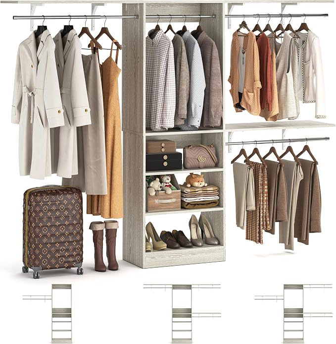 8FT Closet System with 3 Wooden Storage Shelves, 96'' Closet Organizer System with 3 Hanging Rods, Wall Mount Wardrobe Walk-in Closet, Adjustable Garment Rack from 5 to 8FT (Cut to Fit), White Oak