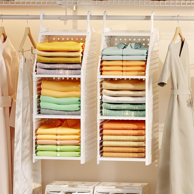 Honkazita 3-Tier Foldable Hanging Closet Organizer, Free-Standing | Closet Hanging Organizer for Wardrobe, Laundry Room, Plastic Hanging Closet Shelves for Clothes, Handbags, Accessories (White)