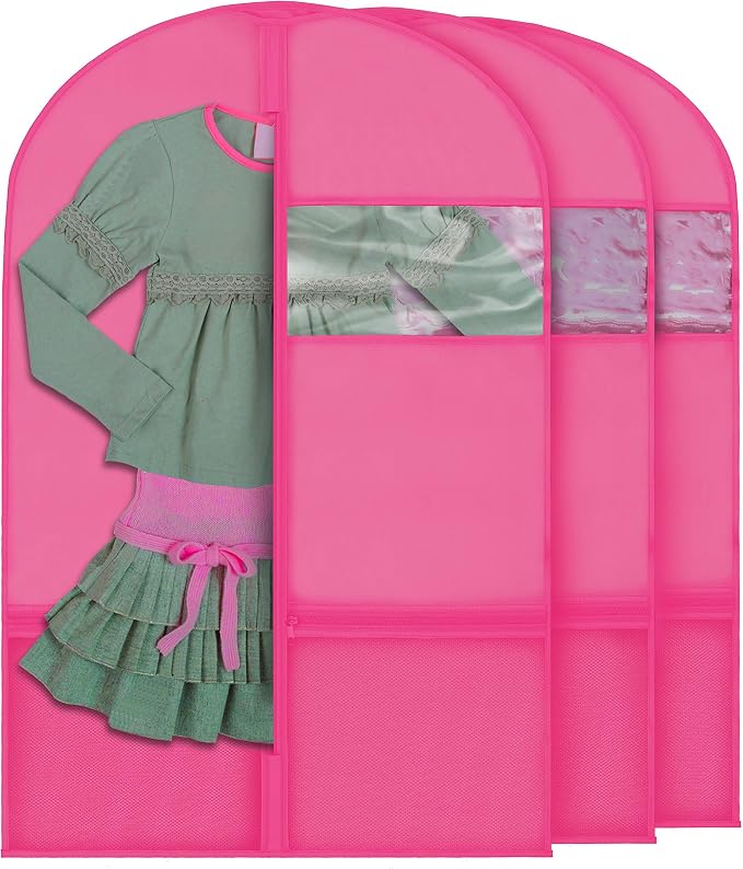 Plixio 36" Kids Garment Bags for Dance Costumes, Childrens Hanging Clothes, Uniform, Suits, Girls Dress Recital Outfit Organizer Dance Garment Bags For Dancers with Zippered Pockets (6 Pack :36",Pink)