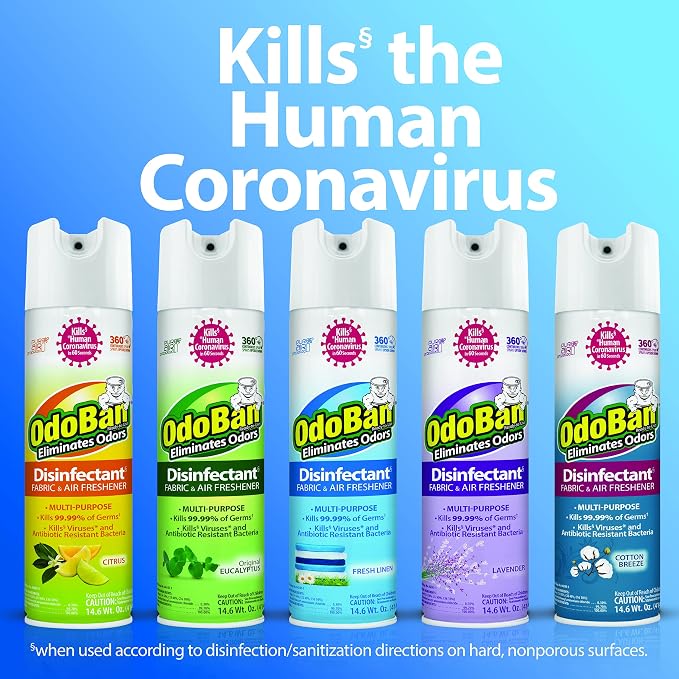 OdoBan Ready-to-Use 360-Degree Continuous Spray Disinfectant and Harsh Aroma Eliminator, Fabric and Air Freshener, 6 Pack, 14.6 Ounces Each, Original Eucalyptus Scent Clear