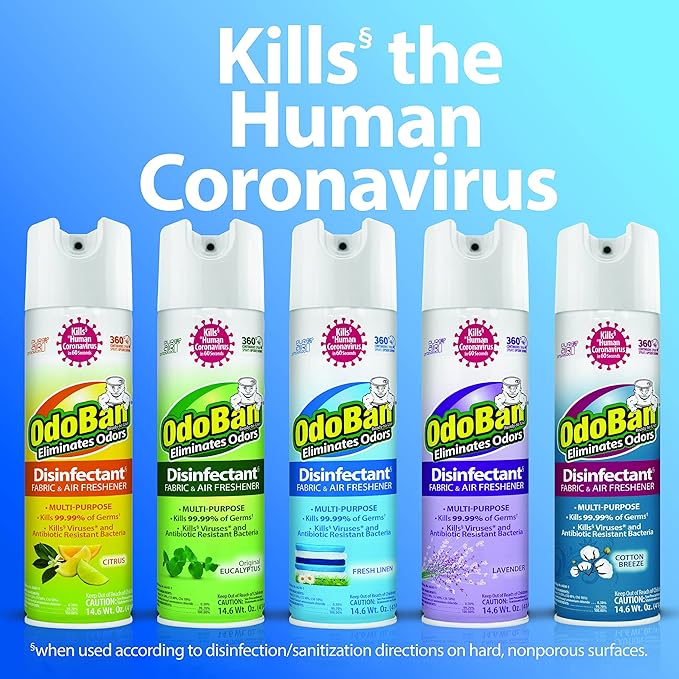 OdoBan Ready-to-Use 360-Degree Continuous Spray Disinfectant & Harsh Aroma Eliminator, Fabric & Air Freshener, Made in the USA, Cotton Breeze Scent, 14.6 Ounces, 6 Pack