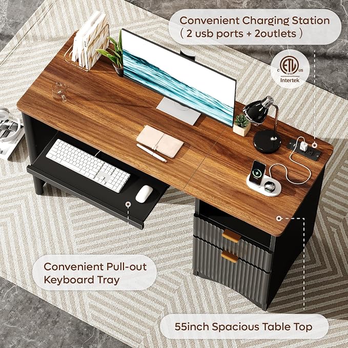 Bestier Computer Desk with Keyboard Tray, 55 inch Office Desk with Power Outlet, Modern Home Office Desk with File Drawer (Walnut with Black, 55" W with Single-Sided Drawers)