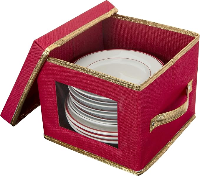Simplify Holiday Salad Plate Dinnerware Storage Box | 9.45 Inch | Christmas China | 12 Felt Dividers | Tableware Setting | Red