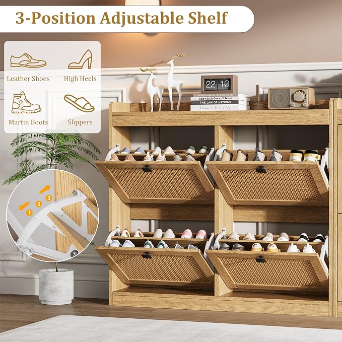 Garvee Shoe Storage Cabinet with 4 Deep Flip Drawers, Wood Shoe Cabinet with Rattan Doors and Adjustable Shelves- Freestanding Shoe Organizer for Entryway, Hallway (Oak, 4 Drawers- 2PCS)
